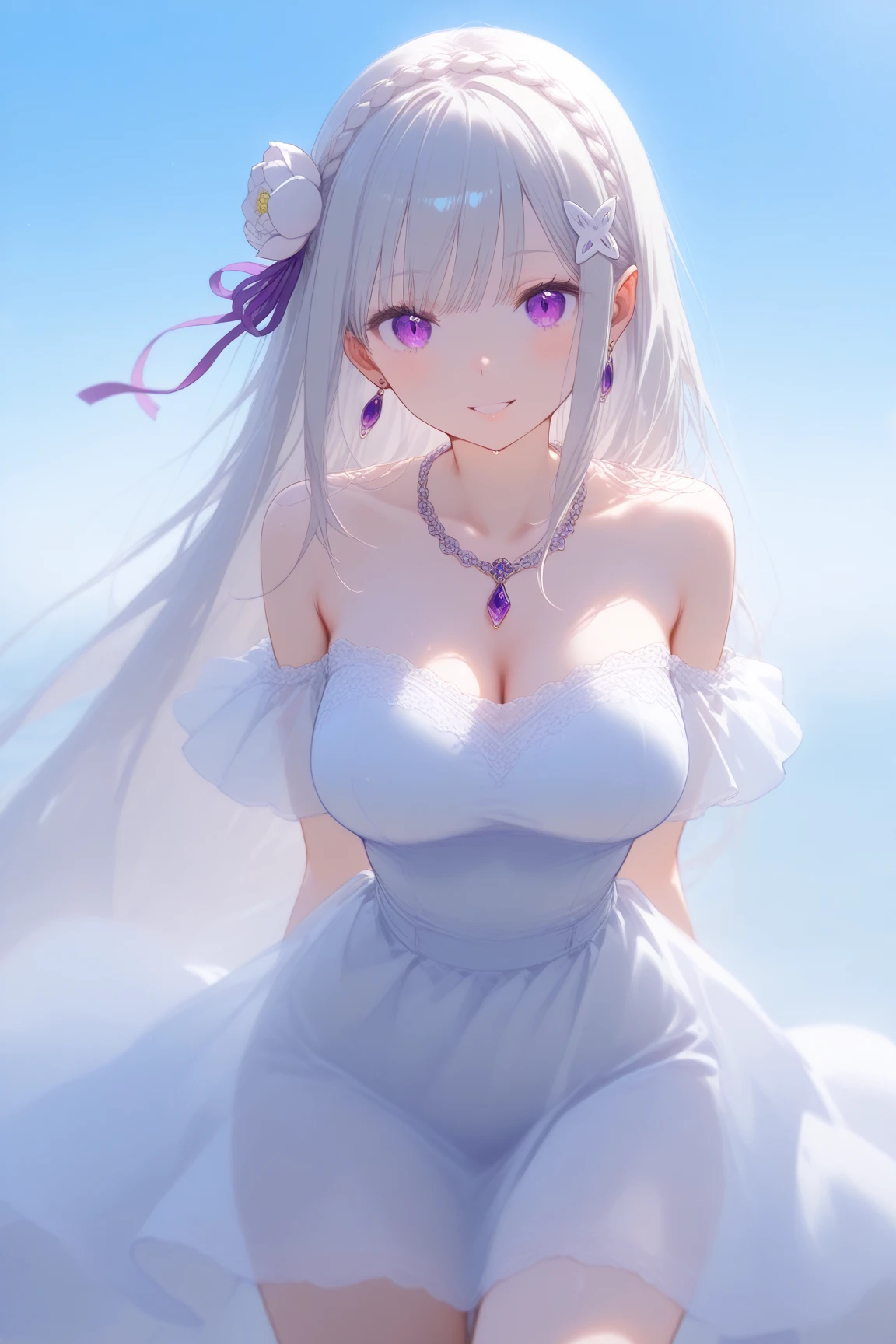 (masterpiece), Highest quality, Ultra-high resolution, A beautiful 20-year-old woman with light pink, straight long hair, parted 70/30. She has blue eyes and wears a white lily flower in her hair. She is dressed in a white off-shoulder dress that features black lace at the hem and a hot magenta ribbon at the chest, with the hem being 15 cm above the knee