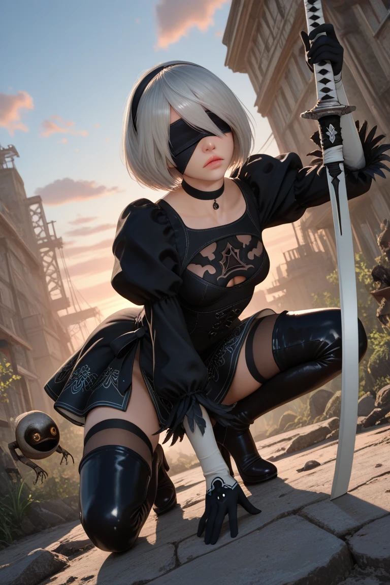 ass pov, Camera from above, Overhead view, There is only one girl in the frame, ass pov, close - up photo, fighting posture, Sitting on the edge of the lake, Sits, With his legs pressed to his chest, woods, Ruins, Lake, shapely legs, White Hair Bob, ashy hair, The eyes are covered with a bandage, Cyan eyes, black dress with a short skirt, short black skirt, neckline on the chest, white panty, black stockings, high black boots, high-heeled boots, very extremely beautiful, Small firm buttocks, Slender figure, Full-length(Body Full 1.1),Game nier automata, ruined city, The city, overgrown with plants, Ruins, high detail official illustrations, ((beautiful fantasy girl)),Red Small Breasts, Her breasts are sticking out from under her clothes, (Master Part: 1.2), Best Quality, High Resolution, photorealestic, photogenic, Unity 8k壁纸, (illustartion: 0.8), (Beautiful detailed bluish-gray eyes: 1.6), extremely detailed face, perfect lighting, extremely detailed CGI , (perfect arms, perfect anatomy), A girl with perfect breasts, beatiful face, master study, intricate details, Detalhes realistas, the anime, (Based on nier automata) the perfect body, The Perfect Girl, perfect details, Ultra HD |, 8K, Professional photo, Anime Style 2B,