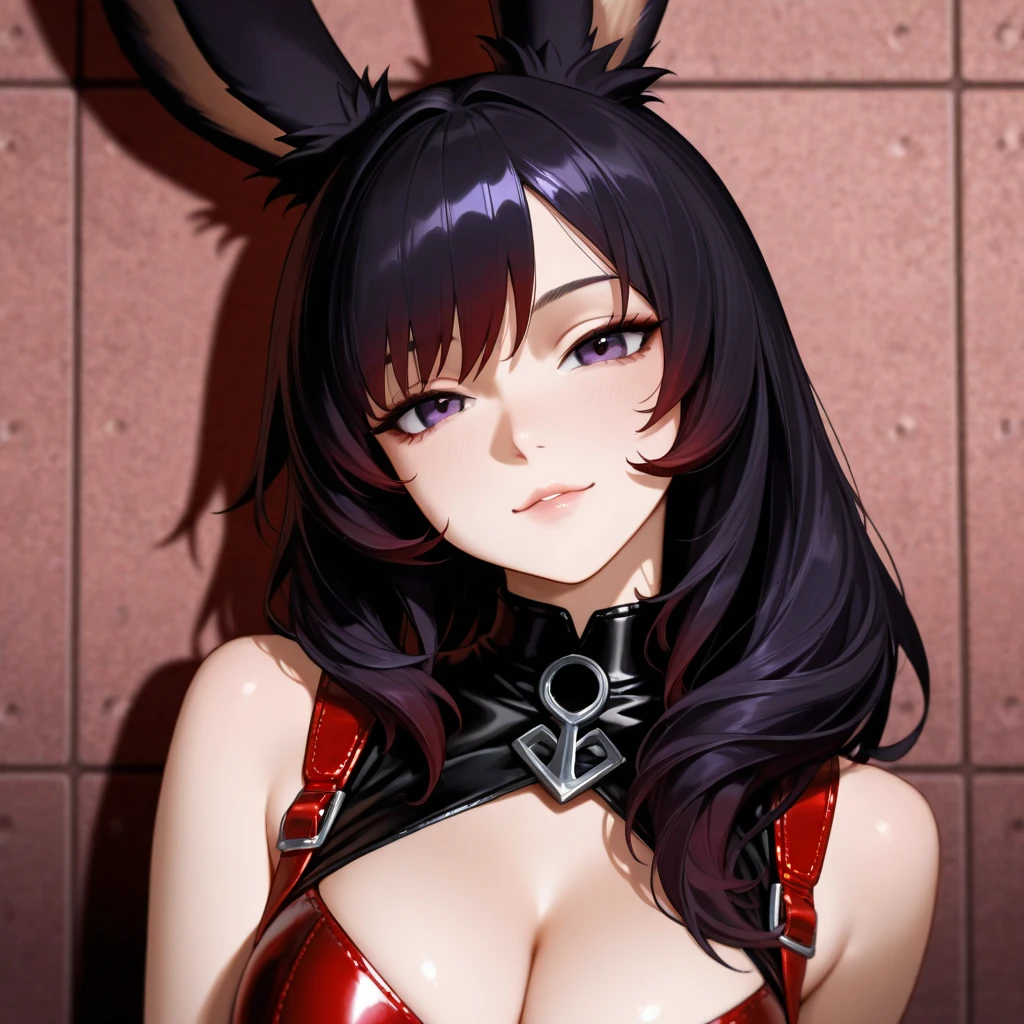 Anime Girl, Black Long Hair, Red Eyes, Smile, Beauty, Hourglass figure, bunny suit cosplay, from view, beautiful