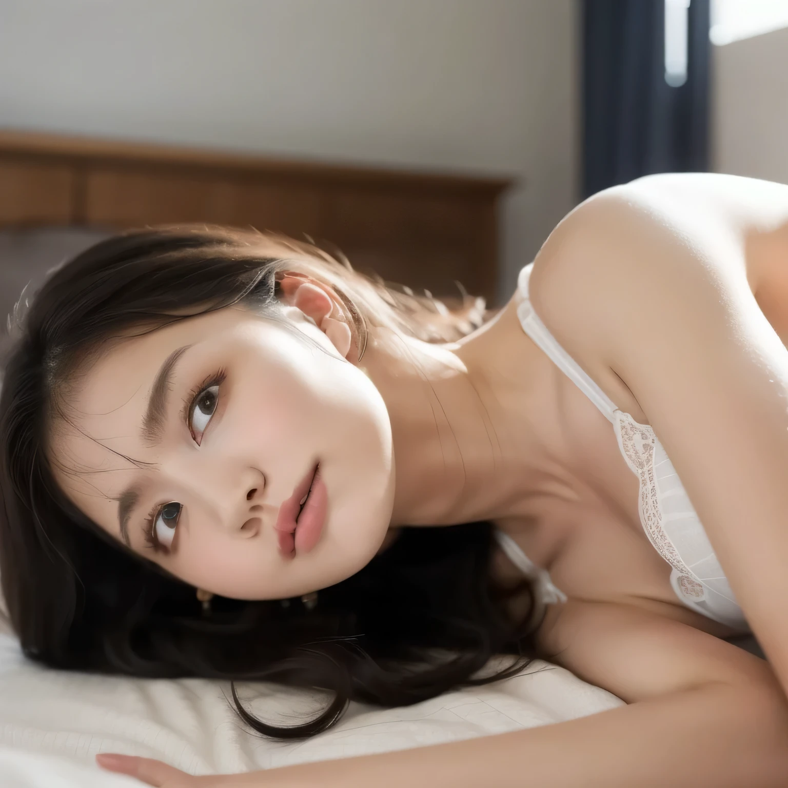 photographic quality、Japanese woman with the same face as last time、独奏、Medium chest、real looking skin、Lifelike face、Wild、Bossie、cradle、crouching down、Spread your legs apart、(sexy langeries)、White lingerie、(see-through langerie)、Lace lingerie、(Chest and vaginal lips are visible through underwear)、areola clearly visible:1.3)、Long hair、agitation、Provocative、ecstacy、(look up to)、camera、ceiling、look from above