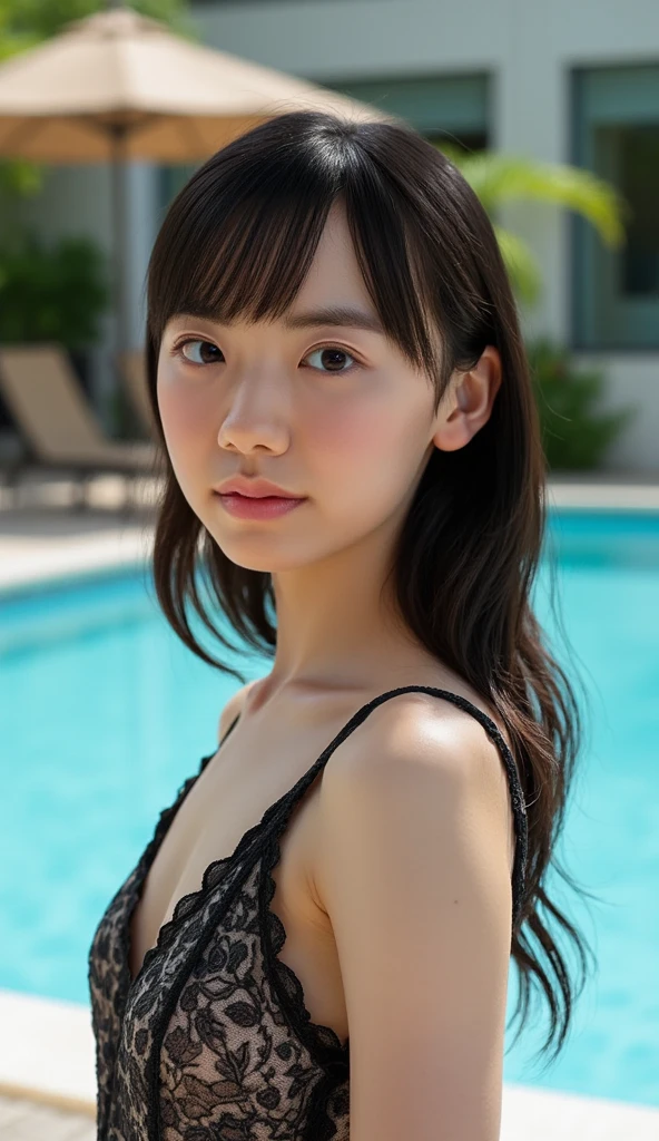 (8k, RAW Photos, highest quality, masterpiece:1.2), High-definition RAW color photos, Professional photos,(Realistic, photo Realistic:1.2), ((highest quality)),Shallow depth of field, (Bokeh:1.3), masterpiece,Summer sunshine,Professional Lighting, One girl, Japanese women, 24-years-old, (Charming smile:1.2), Medium sized breasts, Firm breasts, round and large eyes, Droopy eyes, Tight waist, Small nostrils,(Amazingly cute:1.2), Detailed drawn eyes, ((Brown eyes)),(Brown Hair),Old-fashioned school swimsuit, matte fabric swimsuit, One piece swimsuit, (Navy school swimsuit),From below,((from the front)),((Outdoor swimming pool at school)), Inviting eyes,Mature adult atmosphere, whole body,