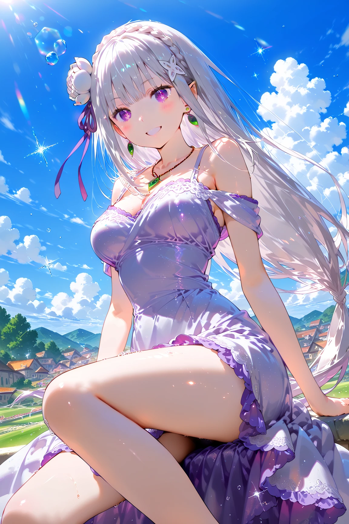 Very cute and beautiful girl wearing a white flower crown,White camisole、Pink mini skirt、knee up、sit、
(Very exquisite beautiful face and eyes:1.2),(Lavender Garden),stone path,Distant Sea,Beautiful summer sky,
(Mid Shot:1.15),Leg details,smile、Dynamic Angle,View your viewers,
(highest quality,masterpiece:1.2),(Intricate details),1 girl,alone,High resolution,Natural light,Hair blowing in the wind,
