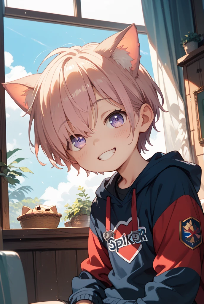 Boys，15 years old，The figure is slightly plump，Pink hair dog，Wear a light pink loose sweatshirt，Wear white briefs, No shoes，Wearing plain white socks，Sitting on the guardrail on the roof of the school，Looking at the sky outside the fence，It was drizzling，Boys have strong sexual desire， （Delicate eyes and delicate face） , blush , （Perfect anatomical structure），Ambiguous expression，Cute face