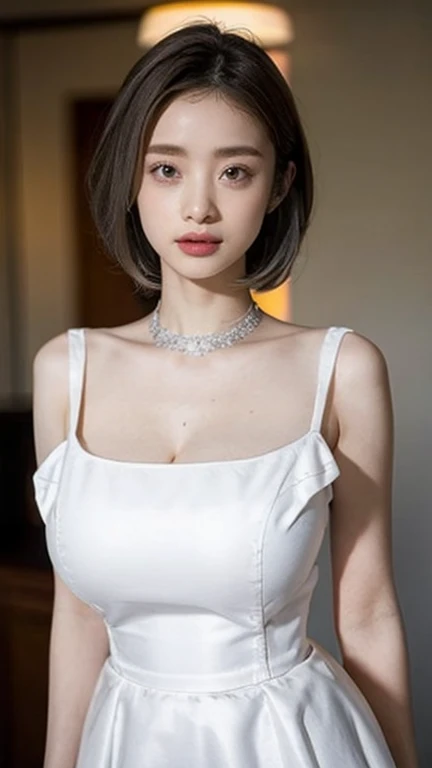 (table top:1.4、highest quality:1.4、best image quality:1.4、Beautiful adult woman full of charm with cute adult smile:1.4、beautiful teeth、lip gloss、brunette short bob hair、shiny and glossy hair、光沢のあるbangsを持っている:1.4、bangs:1.4、short shiny hair with long locks,、long neck:1.4、show me your ears、tall supermodel、Supermodel with broad shoulders、{Huge|big|Hugeな|mega} chest, Beautiful chest have cleavage)、(cute high school girl、off-shoulder white see-through shirt、Short plaid see-through pleated skirt、28 years old)、Very cute and attractive woman