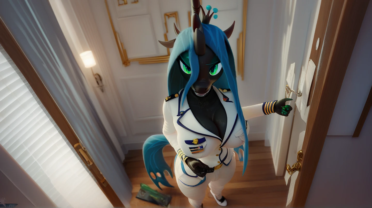 (((my little pony))), solo, ((seductive costume)), beautiful body, high detailed, 4K, ((seductive perky big butt)), behind view, (((short strapless space styled dress))), beautiful medium breasts, (((shining armor))), ((playboy journal pose)), ((4 legs))