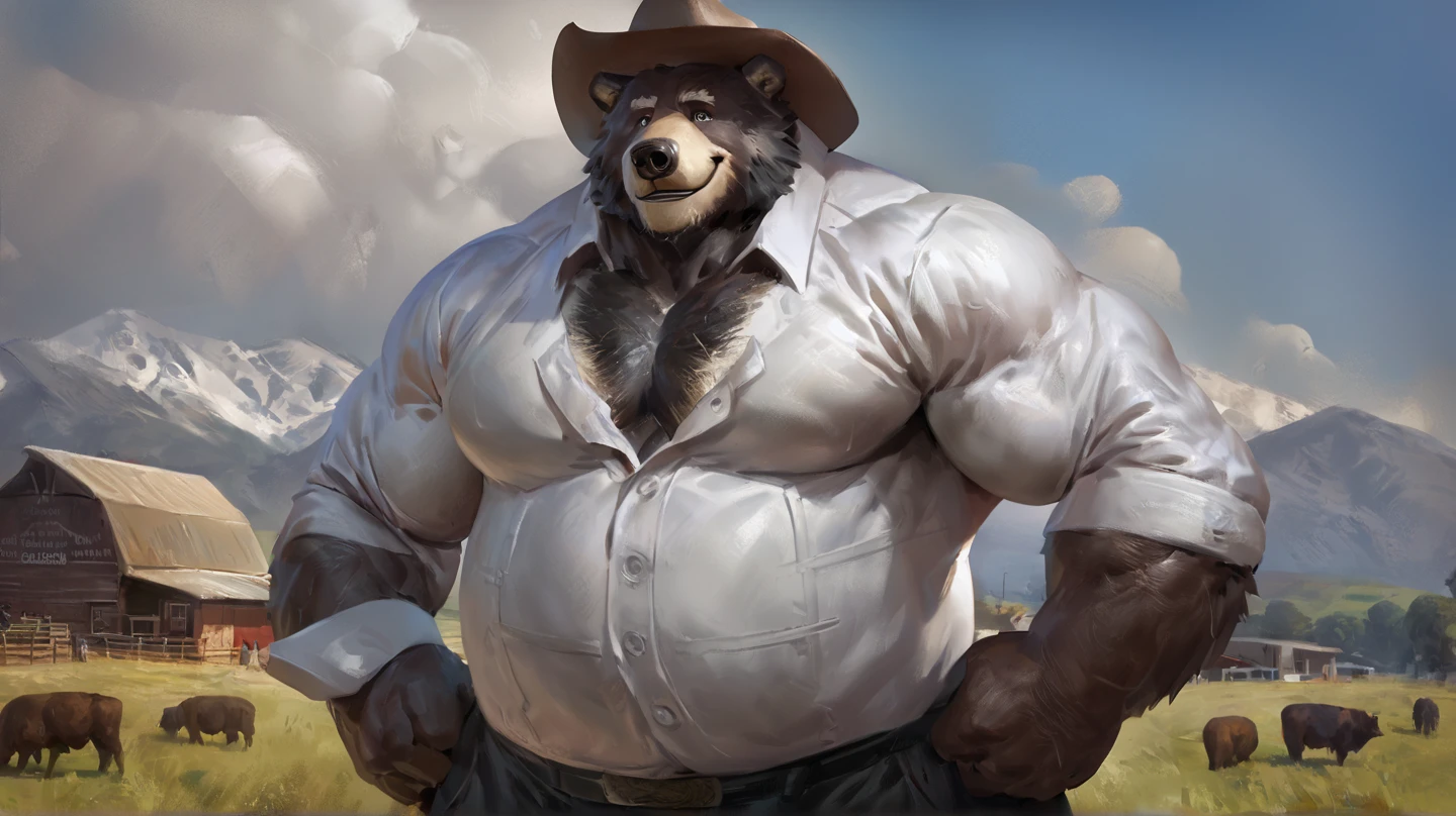 furry, fur taur, beartaur, middle-age, solo, detailed face, bear ears, bear eyes(brown), bear nose(black), bear mouth, garibaldi beard(grey), mature hair(grey), detailed arms(strongest), muscular, hands(5 fingers), detailed body belly, muscle belly(white), chest hair(grey), detailed taur body, bear paws, bear tail, full body shot, simple background