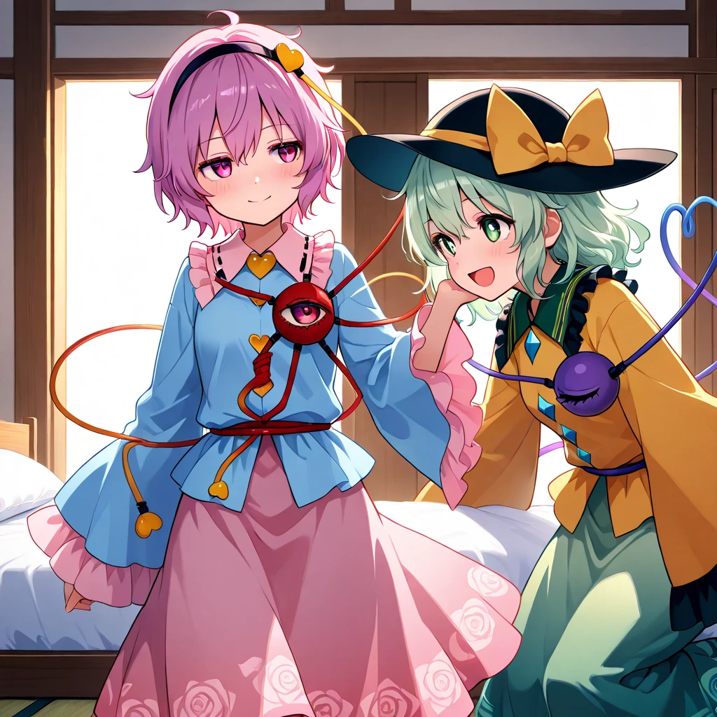 (masterpiece, top quality), (absurdres absolute resolution), (8k), (Fine eyes:1.3), (Beautiful Eyes:1.3), (detailed illustration of onepiecestyle), (sアップer fine illustration), (vibrant colors), (professional lighting), 8k, high resolution, (Nice Hands, Perfect hand), 2 Girls, pair, Komeiji Koishi, seen from viewers on the left, Third Eye, Yellow Shirts, black hat , green hair, short hair, green eyes, Smile, open your mouth, innocence, ruffle sleeve, high resolution, frill shirt color, wide sleeve, hat ribbon , green skirt, heart of string, Yellow Ribbons, hat ribbon , diamond button , yellow ribbon, purple eyeball, execution, Leaning slightly forward, holding a purple eyeball, with one knee, front view, BREAK Komeichi Satori, pink hair, short hair, pink eyes, Smile, Closed Mouth, Graceful, a red Third Eye, hair band, Light Blue Shirt, yellow heart button, frill shirt color, ruffle sleeve, wide sleeve, pink skirt, holding a red Third Eye, look at the person next door, Stare away, standing on the right side when viewed from viewers, break blue sky, showing only one armpit , HDR-like Contrast, vibrant colors彩, Shining Light, vivid reflection , Ultra Realistic Lighting, HDR effects , Cinematic Brightness, Intense Saturation Lighting Effects, 4K, 8k, ultra HD, masterpiece :1.2, top quality :1.2, detail :1.5, detail background :1.5, light, Shine Colorful, Ryokan Background、wearing a yukata、I'm drunk and drunk、clothes with long brown hair are slightly loose、Clothes are down below shoulders、 lying on a futon