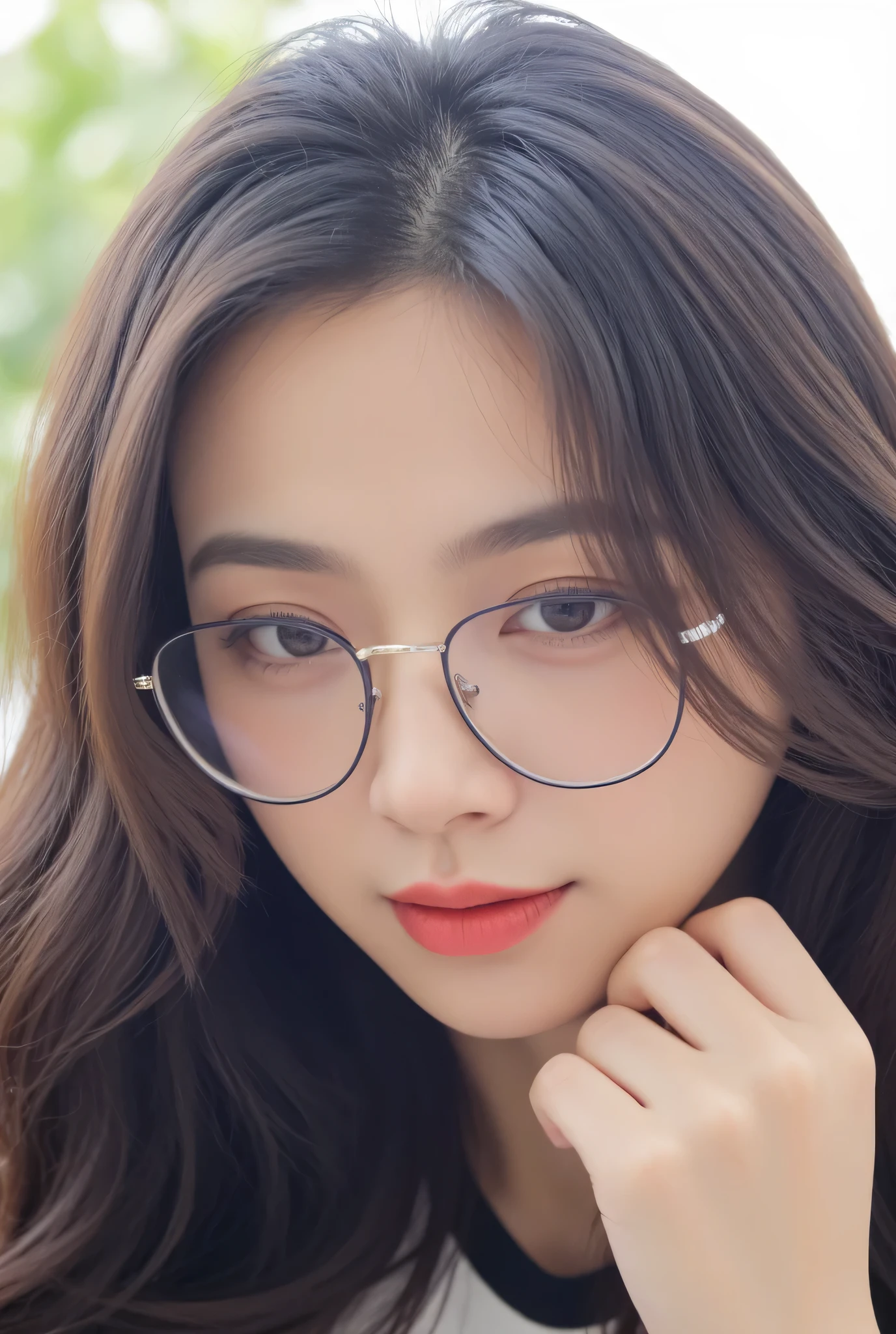 1girl , indonesian girl , 25 years old Indonesian girl, selfie , resting chin with one hand , chinese , brown hair , long hair , big round glasses, casual t-shirt, smart watch, smile , (closed one eye, selfie , tongue) , realistic, sun flare , taking from iphone camera,