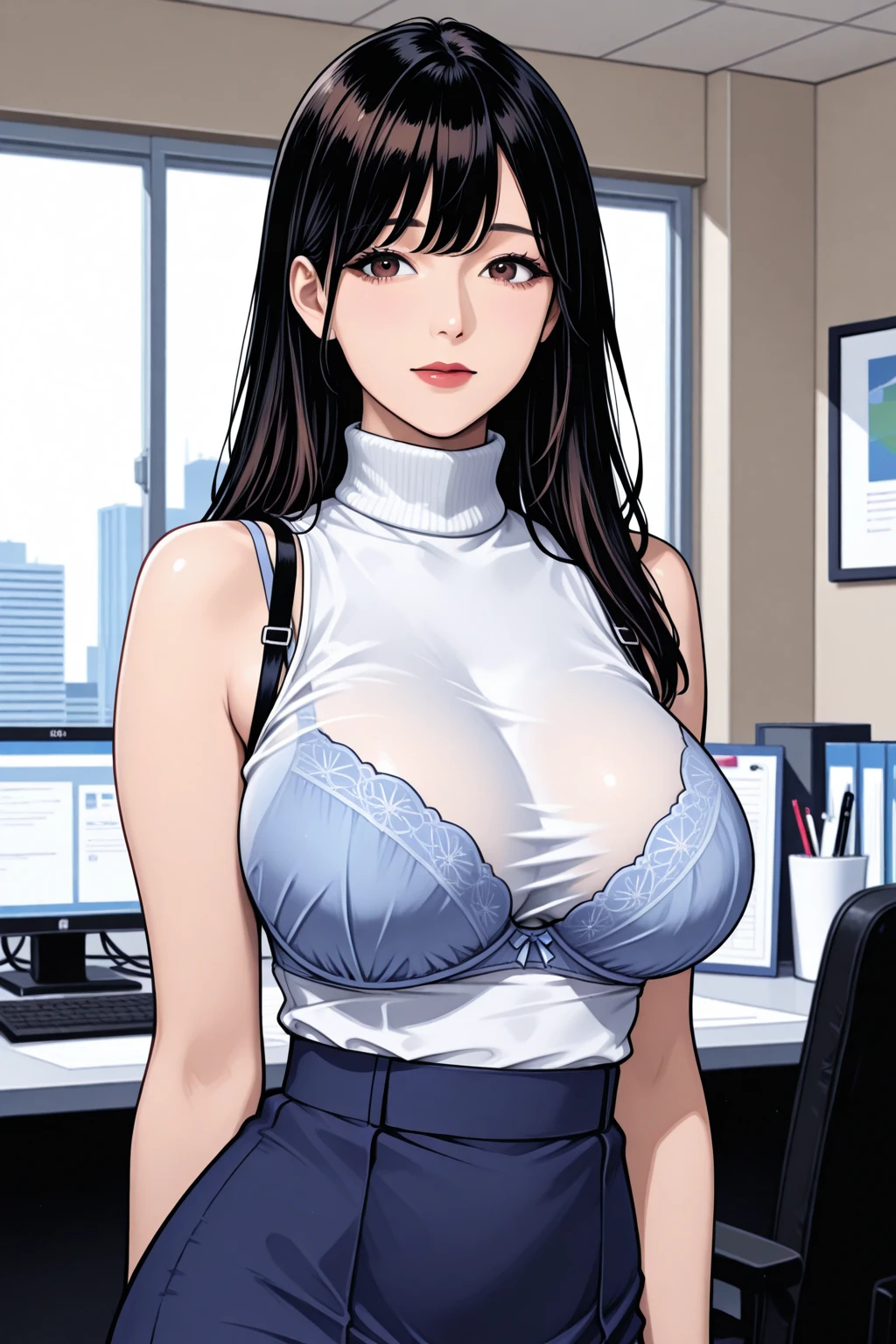 (masterpiece, best quality, detailed illustration, high resolution), ((1girl, solo)), ((huge breasts, slim waist, long legs, fit body, toned body)), ((black hair)), ((casual clothes)), ((full body, closeup view)), ((standing)), ((looking at the viewer, facing the viewer)), office setting, ((fair skin)), oiled skin, ((large breasts, mature woman, mature female, mature lady)), ((straight hair)), (detailed eyes), ((standing))