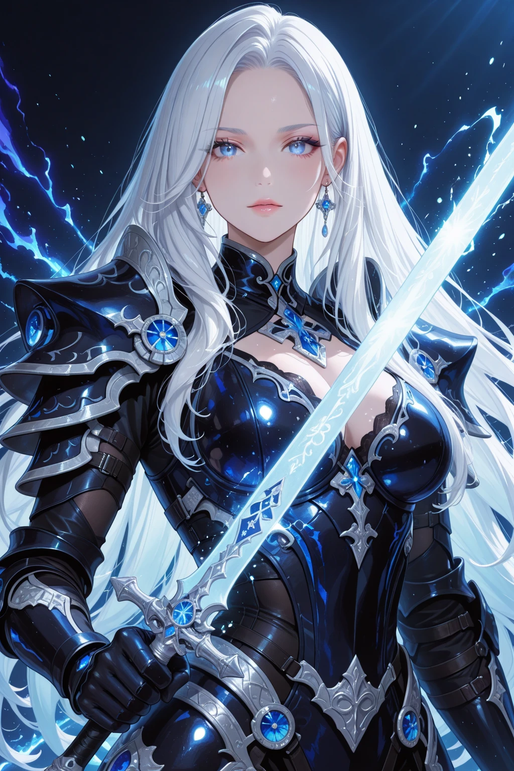 Girl with white hair and blue eyes wearing a black and blue outfit and a sword on her back, she is an adventurer in a fantasy world 