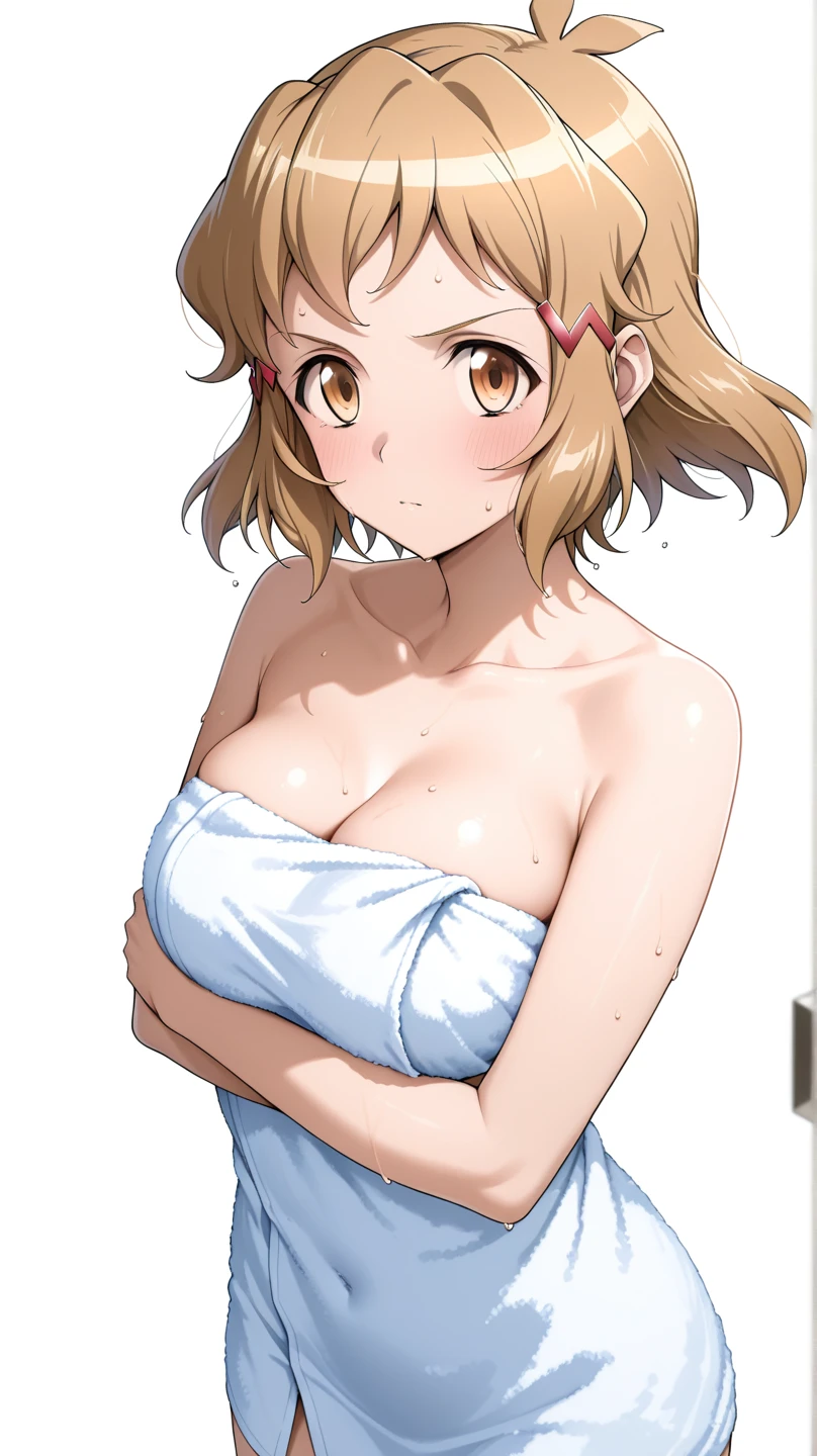 ((masutepiece, Best Quality, hight resolution, nffsw, Perfect Pixel, depth of fields, 4K, )), 1girl in, Solo, , Beautiful anime girl, Beautiful Art Style, close up, Looking at Viewer, Perfect body, Yuigahama Yui, Short hair, pink hair, hairbun, (large boob), tank top, one breast out, one nipple, smiling, hands on hips, blank white background, cowboy shot