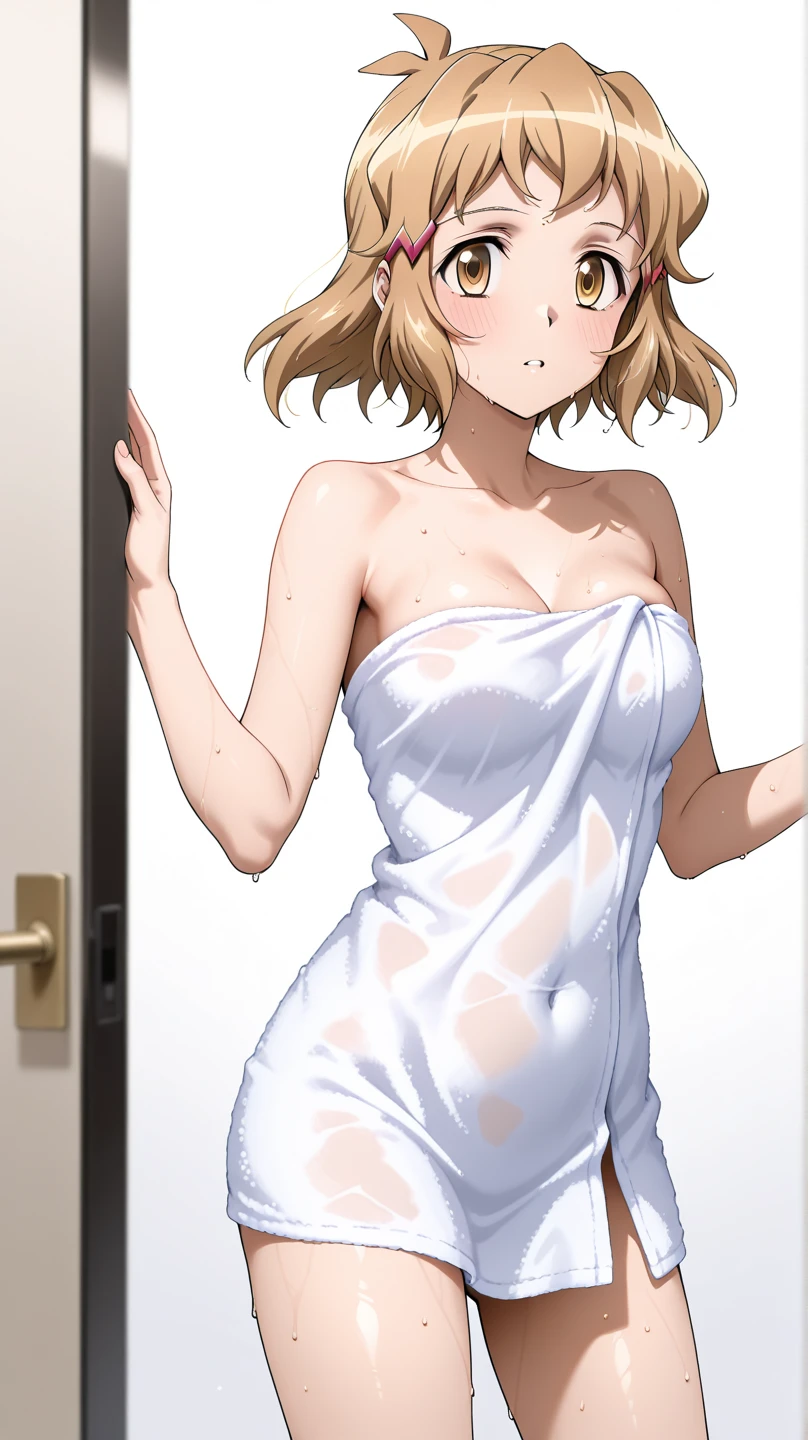 Completely naked、Exposing the breasts、Nipples、Large areola、(masterpiece、Highest quality)、Highest quality, Ultra-high resolution, (((masterpiece))), alone, Sweat、Big eyes, Composition from the front、Shortcuts、Embarrassed face、Blonde、Cut your hair short、Shower room、vapor、vapor、short hair、Browsing Caution