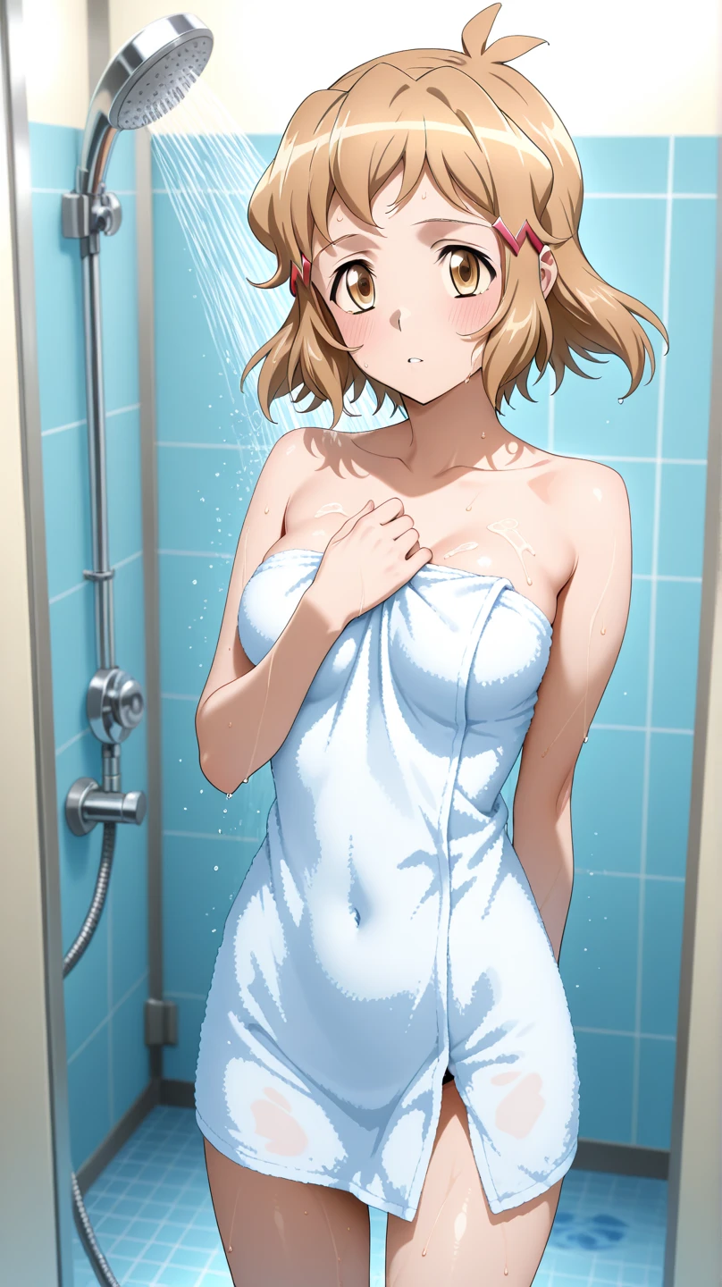 Hanayo Koizumi Shaggy Bob Purple eyes Yellow-brown hair Large Breasts Wrap a bath towel around your body shower room I take a shower smile Soaking wet