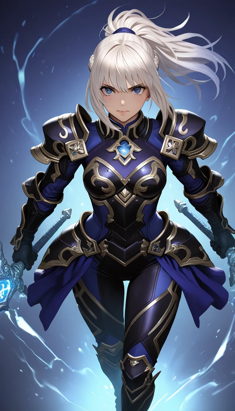 kitbash of Lenneth from 'Valkyrie profile' and 2B from 'Nier: Automata', combine 2B and Lenneth, solo, 1girl, BREAK: ((bright sapphire blue plate mech4rmor)), (boob window:1.27), (blue helmet blindfold:1.32), thigh cutout, long skirt, wings, BREAK: standing contrapposto, holding glowing spear, light smile, BREAK: dungeon setting, BREAK: (better hands, best hands), (insanely detailed, masterpiece, best quality), strong_negative, yxwqsj