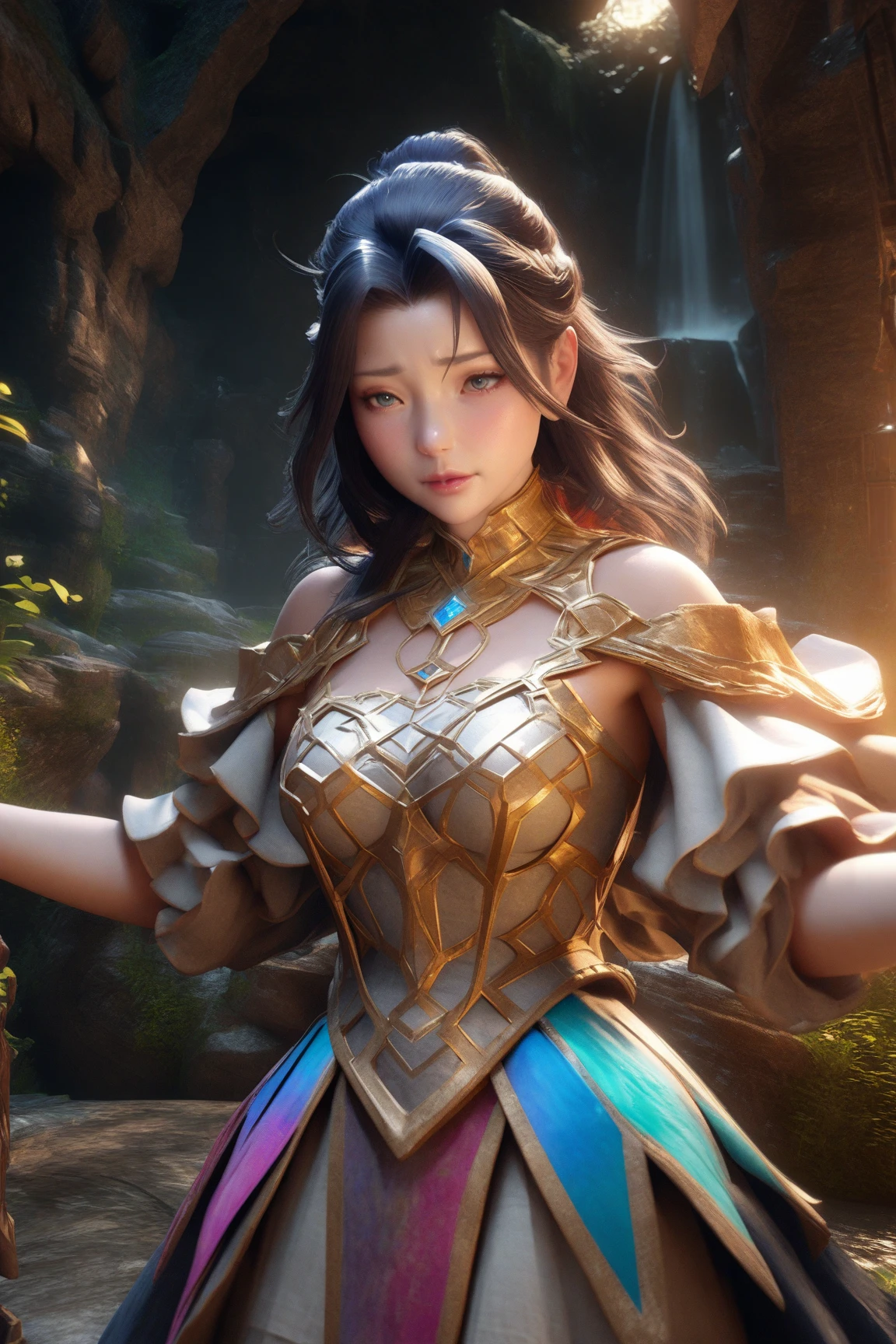 a close up of a woman in a gold dress standing in front of a mountain, unreal engine render + a goddess, ultra detailed game art, intricate ornate anime cgi style, 8k high quality detailed art, detailed digital anime art, fantasy style 8 k octane render, 2. 5 d cgi anime fantasy artwork, 3 d render character art 8 k, hyperdetailed fantasy character
