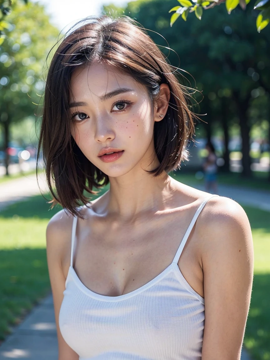 (A hyper-realistic、Armpit、Detailed underarm wrinkles), (illustratio), (hight resolution), (8K), (ighly detailed), (The best illustrations), (beatiful detailed eyes), (top-quality), (ultra-detailliert), (masterpiece), (wall-paper), (Detailed face), 24 year old girl,Show beautiful armpits,Brown hair,Short or medium hair,Upper body only,Girl in a sleeveless sweater, japanes,