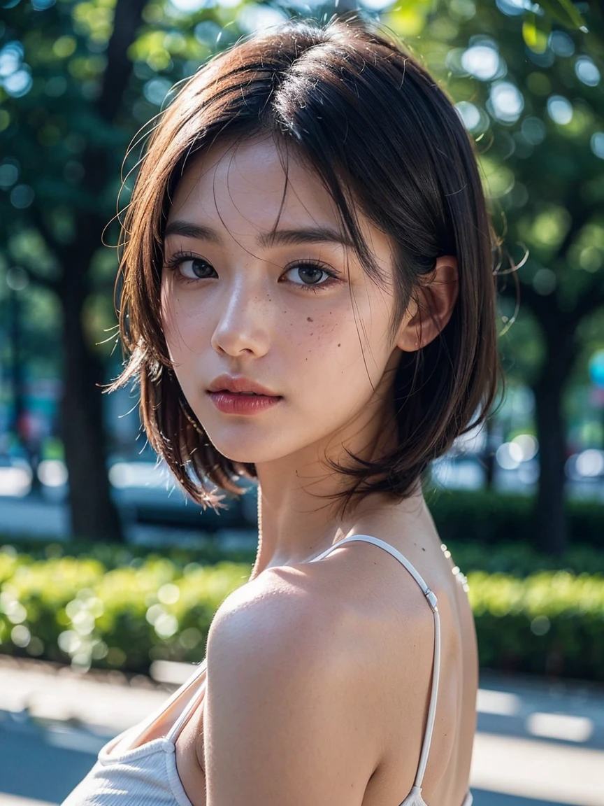 (8K, Raw photo, Photorealistic:1.25) ,( Lip gloss, Eyelashes, Glossy finish, Glossy skin, Best Quality, 超A high resolution, chromatic abberation, Caustics, Wide light, Natural Shadow) look with serenity and goddess-like bliss to the spectators,(depth of fields:1.4), (colorful unfocused lights on background:1.2) ,very natural make-up,Shot in daytime.wearing in a summer dress. Slender eyes.Downcast eyes. Short hair.The distant look in her eyes ,nude