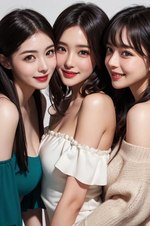 masterpiece, Three adult women、She is photographed in an elegant pose., Their white skin、Adding an air of mysticism to their regal presence, Slim faceに大きな胸が映える, This is highlighted by the closed cheongsam of the Blue Saint., 『The rise of the bookworm』Reminiscent of Rosemine from., further accentuate their sophisticated and refined demeanor. (highest quality, masterpiece: 1.4), (realism: 1.2), (Realistic: 1.2), 4K, detailed, ultra-detailed, Digital Art, ((Big Breasts)), smile, ((Black choker)), Slim figure, (blue eyes), Long eyelashes, bangs, Beautiful shiny brown hair, Nogizaka Idol, Slim face, Western Garden, blue sky, Incredibly long tongue、thin tongue、Long and thin tongue、Predator、Tongue wet with saliva、SF、This woman has a snake&#39;s tongue