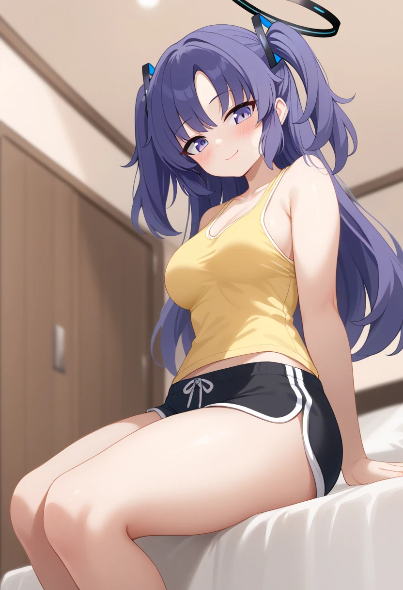 score_9, 1girl, solo, yuuka \(blue archive\), blue archive, halo, purple eyes, purple hair, long hair, two side up, thick thighs, medium breasts, collarbone, tank top, yellow tank top, sleeveless, bare shoulders, bare arms, shorts, short shorts, dolphin shorts, bare legs, sitting, looking at viewer, from below, looking down, blush, light smile, closed mouth, indoors, bedroom, bed, on bed, ceiling light 