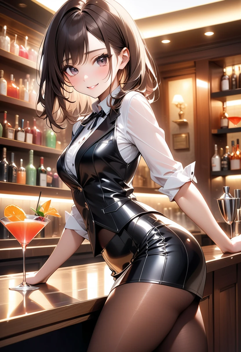 (top-quality: 1.3)、(​masterpiece: 1.3)、(The ultra-detailliert: 1.3)、(wall-paper, one girls)、bunnygirl、(Black rabbit girl leotard:1.3)、(Brown pantyhose:1.3)、Red bow tie、(Brown hair:1.3)、Bunny Girl Black Headband、Medium Hair、short-hair、(Beautiful Large Breasts:1.3)、Luxurious living room、A big smile、sexypose、is standing、Leaning against the bar counter、Blushing、Drinking alcohol