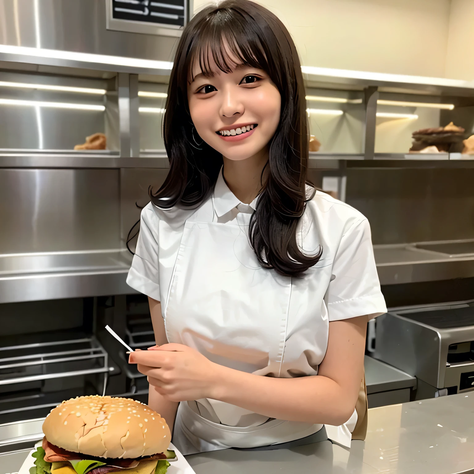 She is a cheerful girl working behind the counter at a cozy burger shop. She is wearing a cute burger shop uniform and smiling warmly at the customers. The background shows a bright and clean fast food counter with menu boards. long hair, dark hair, dark eyes.