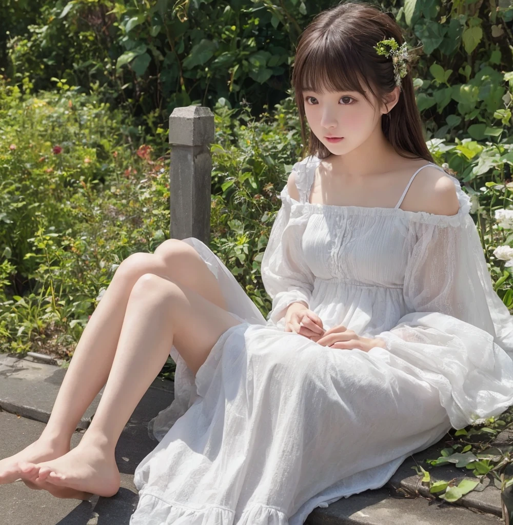Highest quality、Normal foot、beautiful girl、Sitting、mile,from below