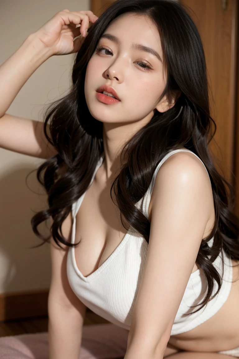 (highest quality, 8k, 32k, masterpiece, Ultra-high resolution:1.2),Beautiful Japanese Idol Photos,official, Very small breasts, camisole, View your viewers,((sofa,Serious face,)),mole,Dimples,