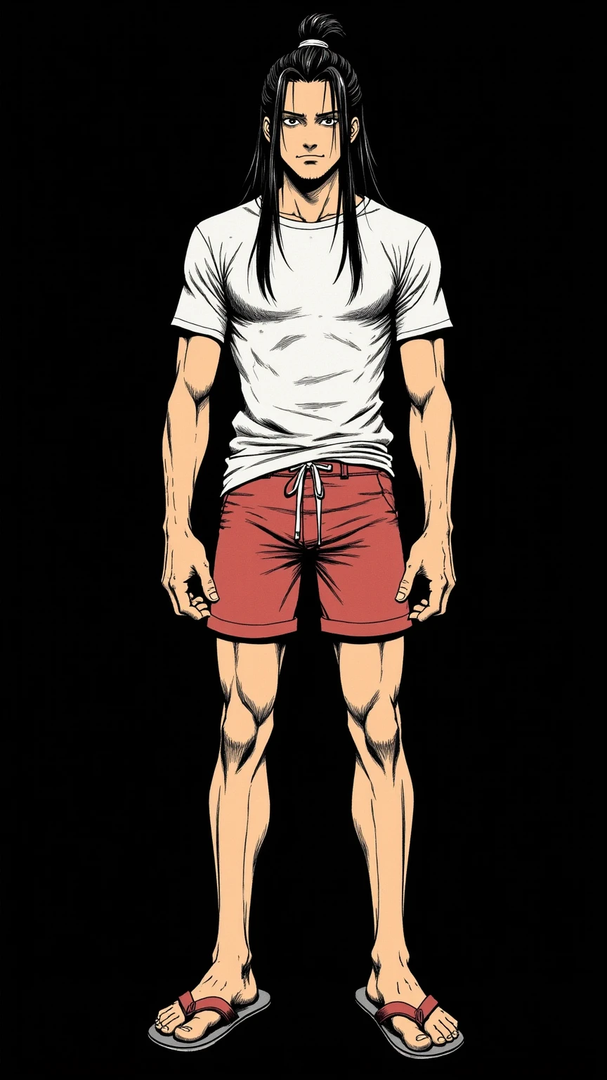 masterpiece, best quality, Background Monochrome,1 man, Solitary,Baldhead, Look ahead, serious, Strengthen your muscles, shorts, full-body shot,Standing front,Line Art, monochrome,