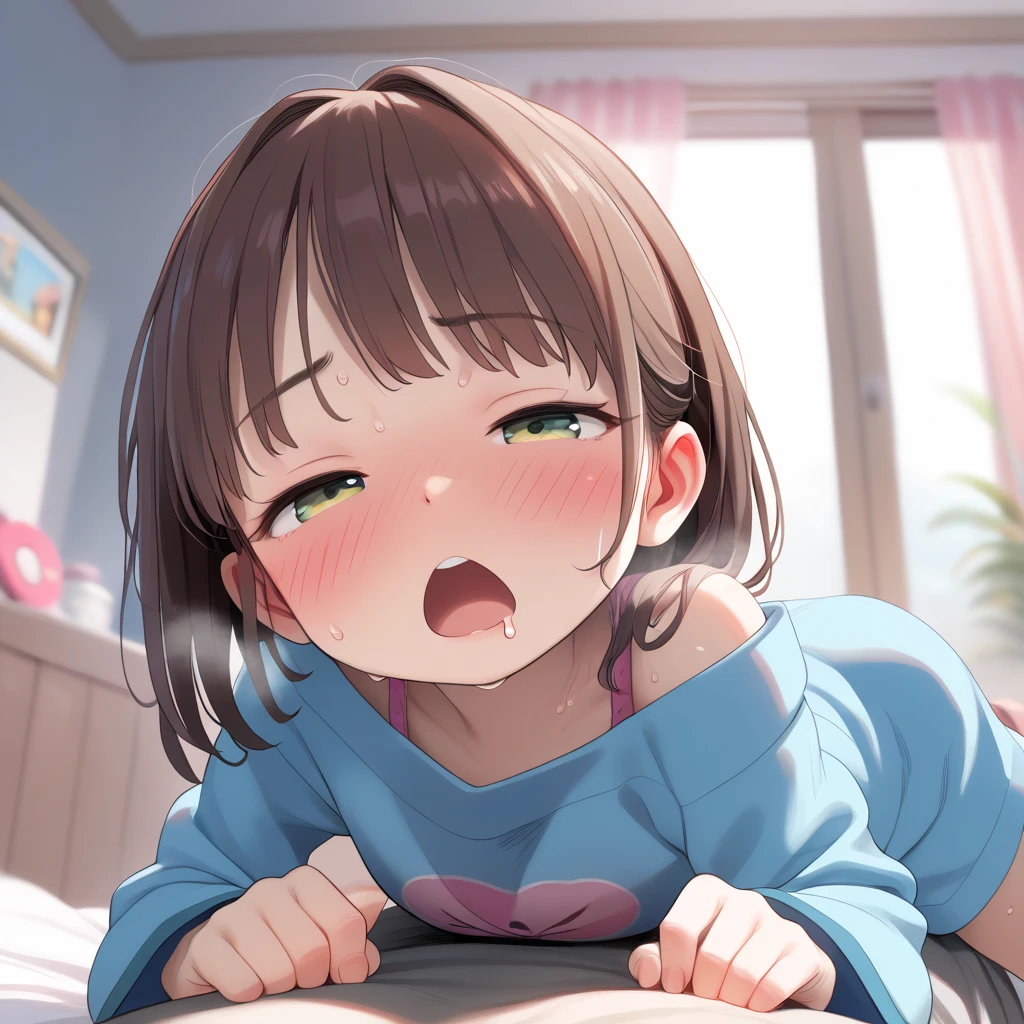 Handjob,,surprised, semen,close your eyes,1. small ,short hair,Black Hair,blush,White T-shirt,Olive green shorts,White skin,barefoot,tongue,blush,Sweat,be happy,Ahegao,