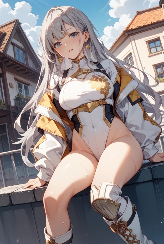 1girl, (Obra maestra:1.3), (High resolution), (8k), (extremadamente detallado), (4k), (Pixiv), Cara perfecta, Ojos y cara bonitos, (La mejor calidad), (Super detailed), Cara y ojos detallados, (solamente), piel texturizada, absurdos, Altas Resoluciones, wz_Schmidt_no_helar_estilo, wz_Schmidt_no_helar_estilo, colas gemelas, Pelo muy largo, cabello plateado, orejas puntiagudas, Once, Capelet blanco, ojos verdes, pantimedias negras, Pendientes, falda blanca, beltt, Mangas blancas, Pov, SOnceie, luz, They are smiling, rayos de luz, luz del sol, mariposa, Hierba, Calle de piedra, big tits, tits, half naked, spread legs, pezones grandes, tetas colosales, nude