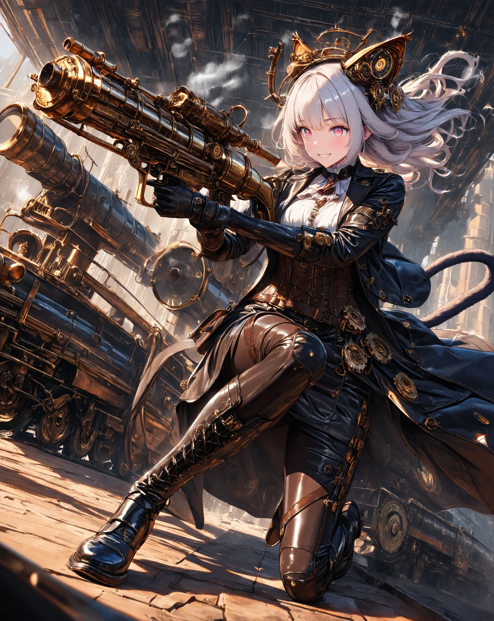 Neo-Surrealism, _Steampunk Girl Swinging_, boundary-pushing fusion of dreamlike abstraction and mechanical detail, _heavy chains binding_, _bold dark lines intertwining_ _loose lines revolving around_, a _dramatic turnaround character sheet_, an _obese mechanic_, _steampunk world's denizen_, _meticulously crafted gears jutting out_, _worn work clothes covering expansive figure_.