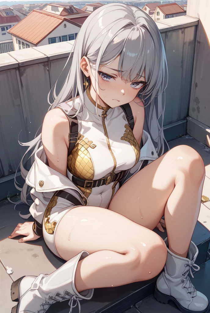 ((1 pretty woman)),,(((Silvery hair))),(((Side twin tail hairstyles))),(((a small face))),(((Less bangs))),(((Slightly put out your forehead))),(((Golden Eyes))),(masterpiece)), (((drooing eyes))),((top-quality)),((Vivid light and shadow depiction)), (The ultra-detailliert), ((kawaii)), cute little, (Detailed body line depiction), ((detailed face depiction)),((ighly detailed)), (8K), top-quality, (Beautiful fece),(((World-class quality))), ighly detailed, hight resolution,(((独奏))),(((thick eyebrow))).((((shinny hair)))),(((White and beautiful skin))),(((Small udder))),(((Bold poses))),(((red blush))),(((Composition seen from behind))),(((composition seen from below))),(((In a dark room))),(((looking-down))),(((Looking up from your feet))),(((Beautiful body))),(((White military uniform opening naked in front))),(((bare-legged))),(((Sitting on the sofa in the hotel room and looking back))),(((Show breasts))),(((Open your legs to show your crotch))),(((deadpan))),