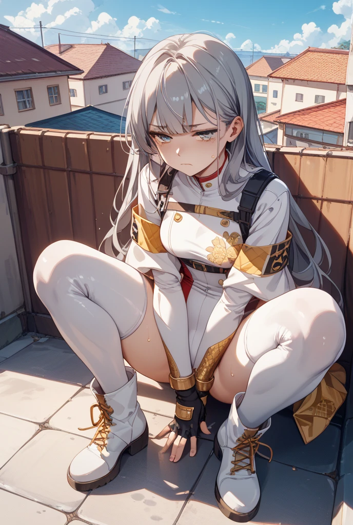 clenched teeth,scarred,swimsuit,intimidated,sitting on the flor,looking up,looking at viewer,panic,changing room,white tiles,white hair,red eyes