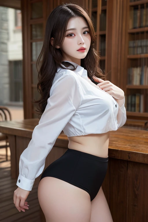 works as a manager in the dark, in the dim office, ((standing and showing off detailed panties)), wide spread legs, blouse, id card, hair up, outside, night scene, ((18 magazine's cover, large title, many heading))