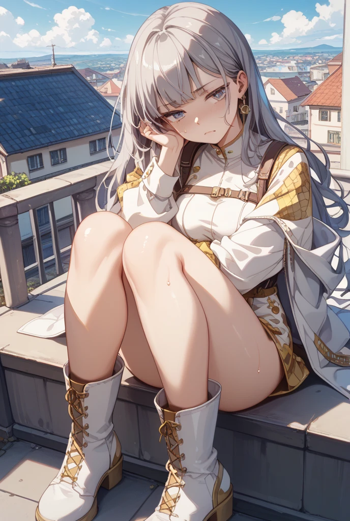 1girl, frieren, sousou no frieren, sexy, short dress, cold look, masterpiece, bestquality, on dungeon, looking camera, sit over a mimic chest, crossed legs, hands on hair