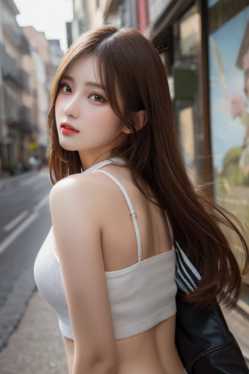 (8k, Top quality, Masterpiece:1.2), (Realistic, photo-realistic:1.37), Super detailed, perfect anatomy, a Japanese, girl, cute, small eyes, 18 years old, at cityscape, blunt bangs,