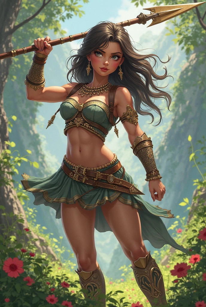 Gnome woman, bright eyes, curly hair, pointed ears, ((full body)), short stature, stocky, tanned, bare breasts, wearing colorful gypsy skirt, bare midriff, in a green forest. Smiling, playful, watercolor illustration, dramatic lighting, (depth of field), ((masterpiece)), ((best quality)), ((highly detailed))
