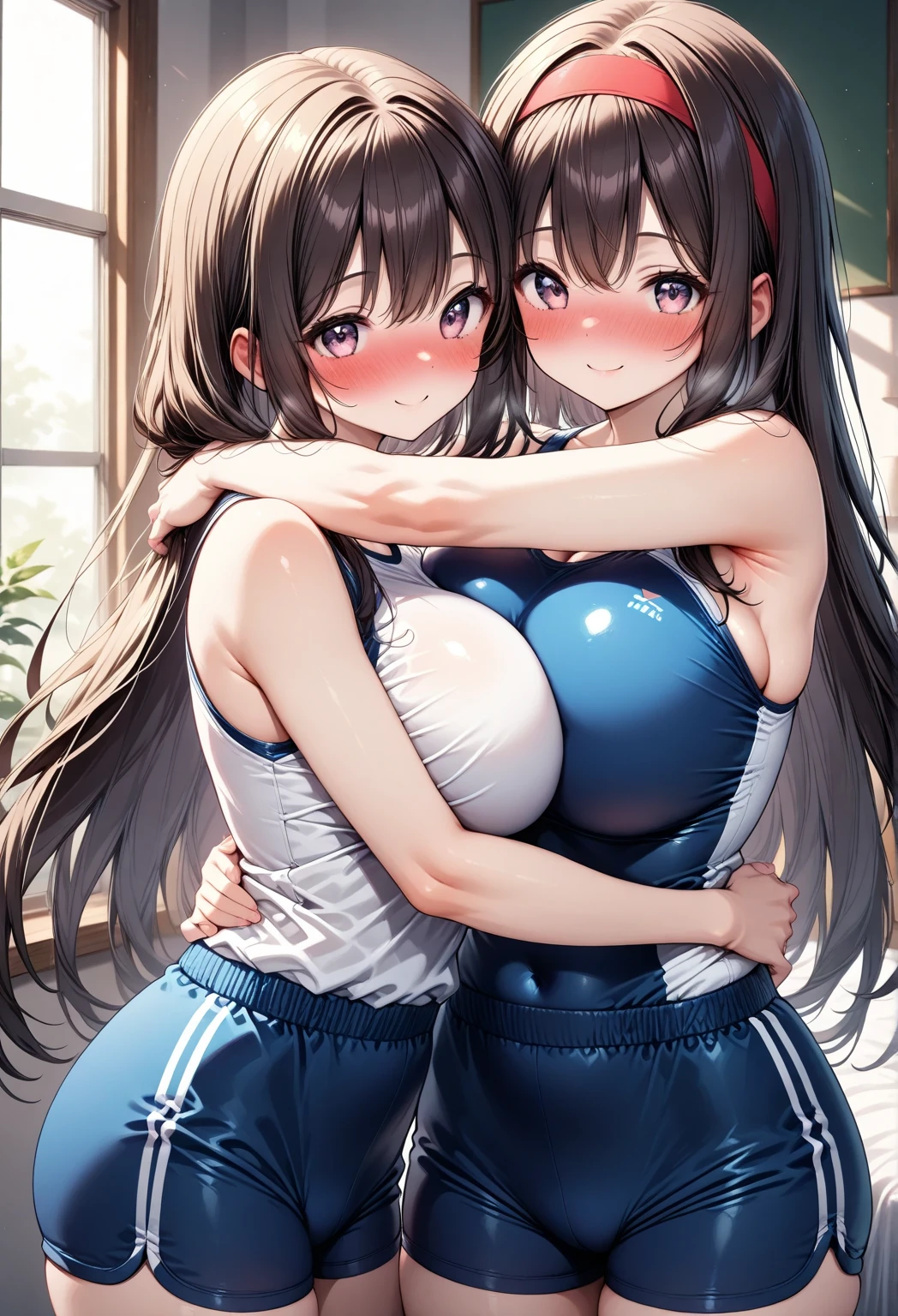 Two muscular high school girls are naked and sweaty as they lift barbells、During muscle training、Man muscle、Pussy juice