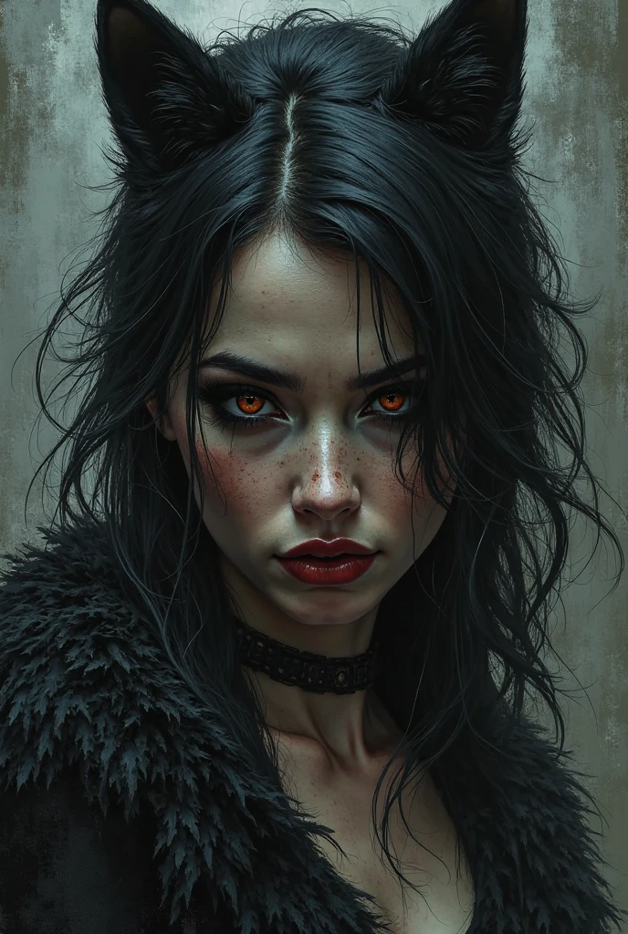 A very white girl, long wavy black hair.
big honey colored eyes.
Age 25 years.
Tough look Black clothes and some tattoos