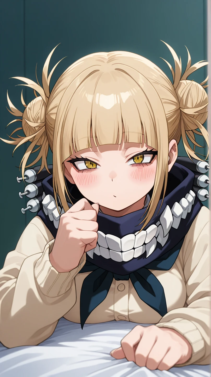 (masterpiece, best quality), 1girl, HimikoU1, double bun, sidelocks, , sailor collar, red neckerchief, slit pupils, sharp teeths, pleated skirt, serafuku, cardigan, long sleeves, blue saillor collar, yellow eyes