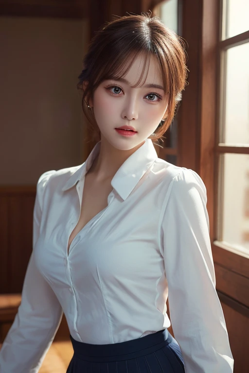 close-up of beautiful Korean female, medium natural breasts size, hair over shoulder, wearing long sleeves unbuttoned collar shirt, in the meeting room, sun shining light, cinematic scene, UHD 