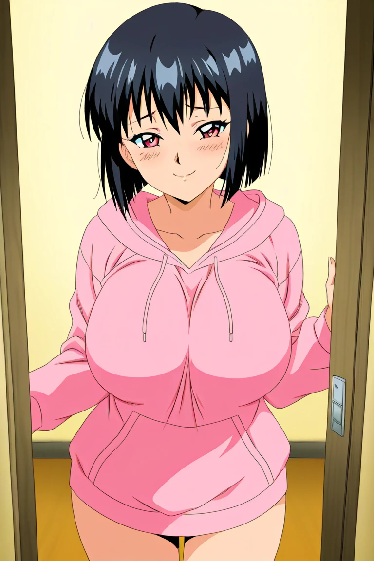 (kousaka_shigure), 1girl, solo, standing, (large breasts), embarrassed, smile, grey_eyes, black_hair, shiny skin, cowboy_shot, room, (pink kimono), (fishnet top), cleavage, thighhighs, purple_choker,