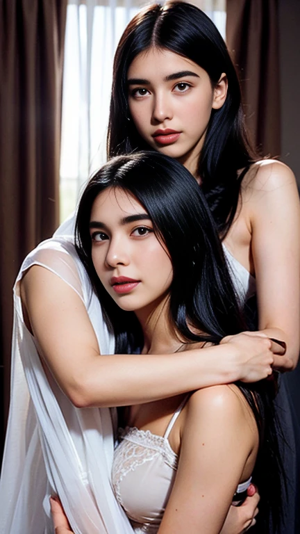 Girl with long straight black hair, wearing a big shirt, lying on top of a black haired boy, big and white skin.