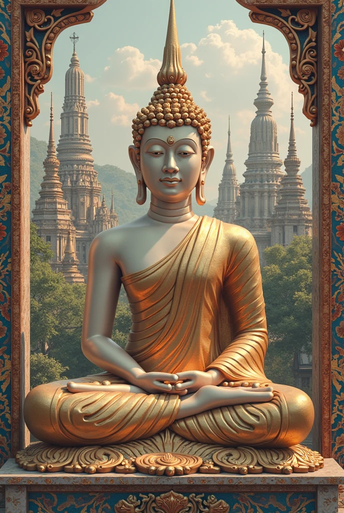 (masterpiece), (best quality), (ultra detailed), A buddha statue sitting in the middle of a courtyard, perfect composition, intricate detail, earring, by wlop, cinematic, 4k, epic detailed,