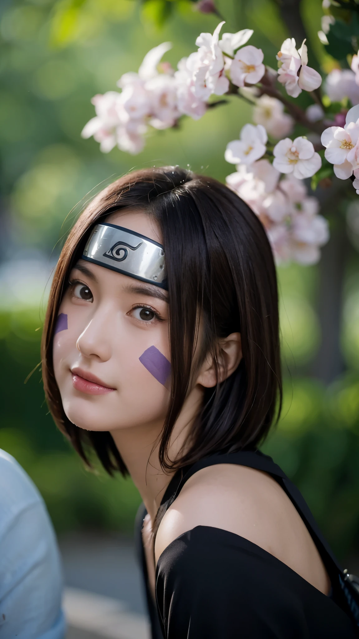 "Create a hyper-realistic portrait of Rin Nohara from Naruto Shippuden as if she existed in the real world. She is a beautiful age girl with soft, natural features and a gentle smile. Her medium-length dark brown hair frames her face, short hair, with two purple markings on her cheeks. Her eyes are warm and expressive, conveying kindness and inner strength. She wears a modern, real-world version of her ninja outfit, subtly inspired by the original anime design. The lighting is soft and cinematic, with a shallow depth of field, emphasizing her detailed facial features, smooth skin texture, and lifelike expression. Style: ultra-realistic photography, 8K resolution, natural lighting, high detail, soft focus background."