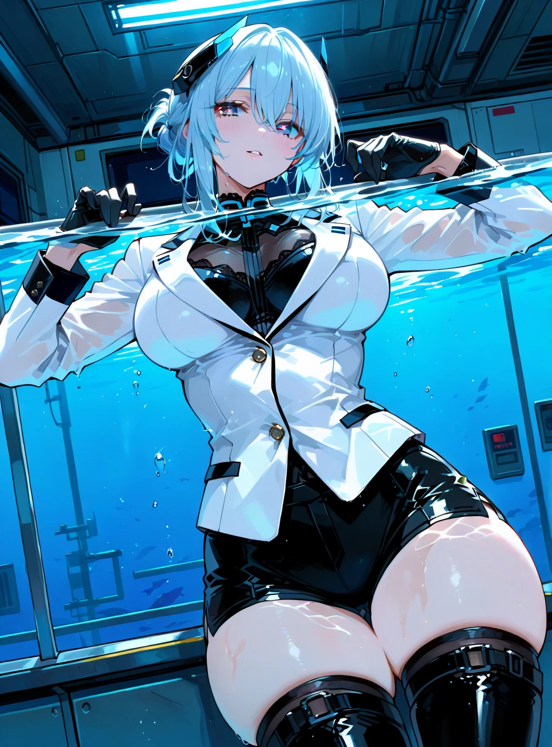 white straight hair, pretty, barefoot, blue eye, chain collar, white skin, wet, shy, best quality, chain, young, dirty water, jail, tied suit