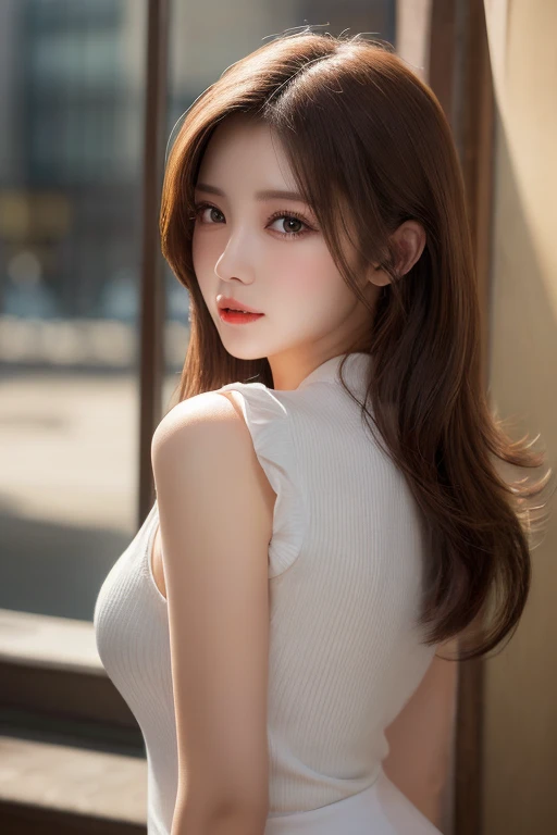 Beautiful woman、Japanese、Gal、Brown Hair、bangs、looking at the camera、Upper Body、Tank top、Shoot from above