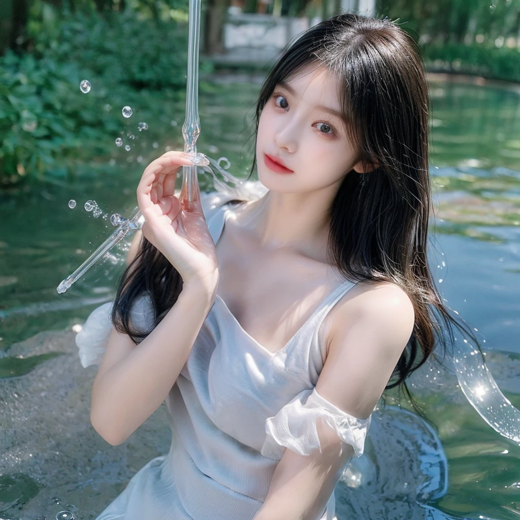 (highest quality, 32k, High resolution, Masterpiece:1.5,), A swirl of crystal clear air and soft light, A sense of serenity and elusive beauty, Black and blue glow, Beautiful Japanese Women, whole body, An exceptionally beautiful face, In the water, inside a transparent glass dome, In the water, Magical big eyes, A rich expression, ((A gentle smile)), ((Beautiful shiny black hair)), Long, intricately detailed straight hair, Beautiful asymmetrical bangs, Hair between the eyes, Bright makeup, Smooth and soft white skin, Beautifully trimmed, thin eyebrows, Prominent double eyelids, Attractive pink lips, ((White open-necked dress), High resolution perfect clavicle, Beautiful chest in high resolution, Slender figure with ample breasts, High resolutionの美しい太もも, ((Blue glowing bubble effect:1.3)), Mysterious valley, Dazzling morning sunlight, Professional Lighting, Professional photographer, Professional models