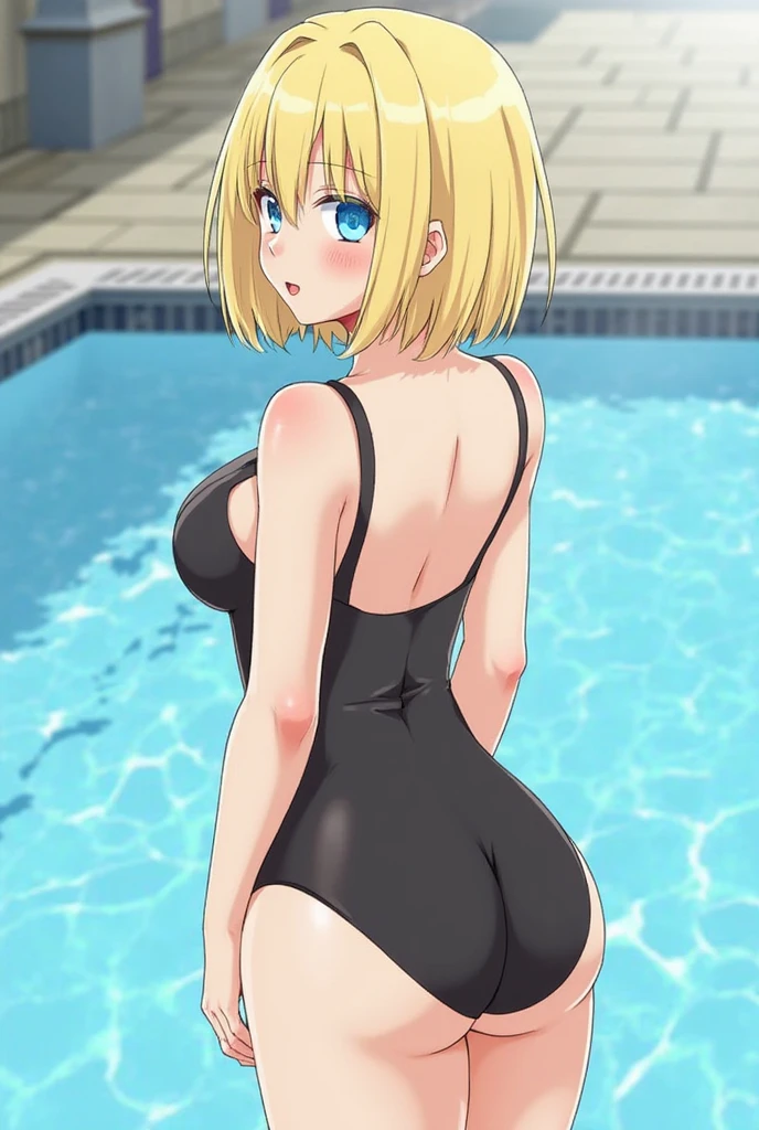 ((masutepiece, hight resolution,depth of fields, 4K,nffsw,))) solo,Bright blonde hair,((Thin and long twin tails located high)),blunt bangs,hairs between eyes,short sideburns,Beautiful blue eyes,Thin eyebrows,de pele branca,Smaller chest,tall stature,teenager,looking at viewer,Emphasis on the buttocks,big butts