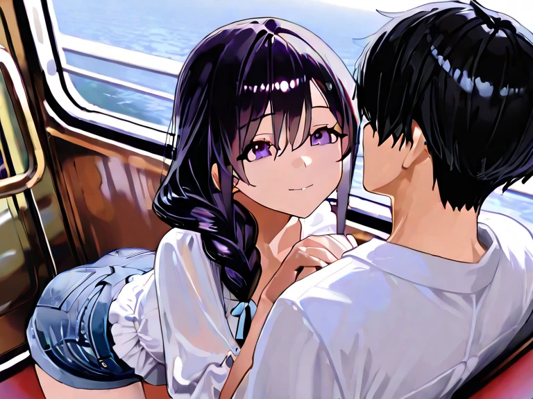 A girl is crying, topless, wearing no underwear, wearing a blue checked skirt, with erect nipples, short black hair, small breasts, and pale pubic hair, straddling a naked man sleeping on a train and inserting the man's penis into her vagina